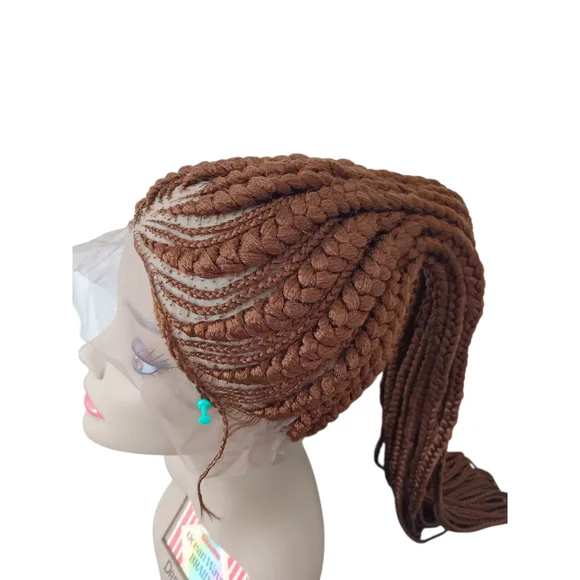Sophisticated Brown Cornrow Wig with Geometric Pattern